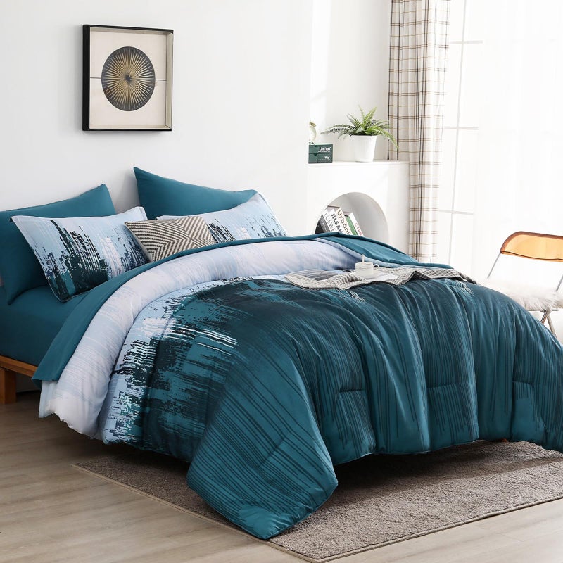 WONGS BEDDING Comforter Set King  Teal Blue 7 Pieces Bed in a Bag Colorful Abstract Art Gradient Comforter Soft Microfiber Bedding Set with Comforter Flat Sheet Fitted Sheet Pillow Shams Pillowcases - Image 2